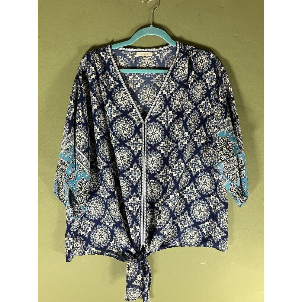 Max Studio Blouse Women’s Plus Size  2X Geometric Print V Neck  Boho Hippie
